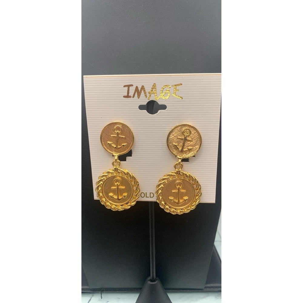 Vintage NOS Gold Tone Anchor Dangle Clip On Earrings